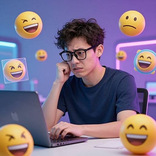 Photograph of a young man with curly black hair, black glasses, and black shirt, working on a laptop, surrounded by floating smiley faces.