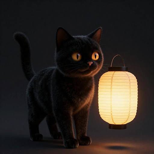 Neo-Noir Black Cat with Paper Lantern
