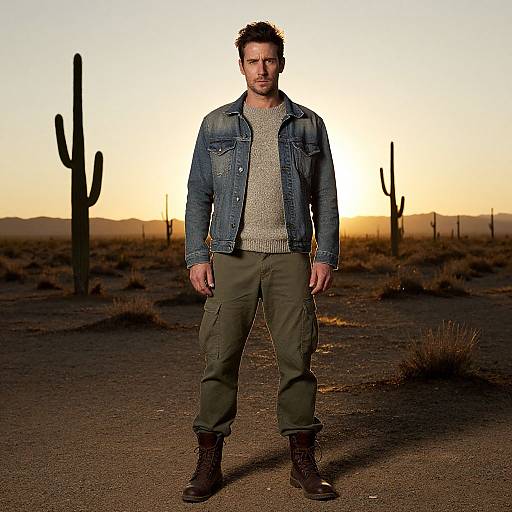Photograph of a serious, dark-haired man in a denim jacket, gray sweater, olive pants, and boots, standing in a desert with cact