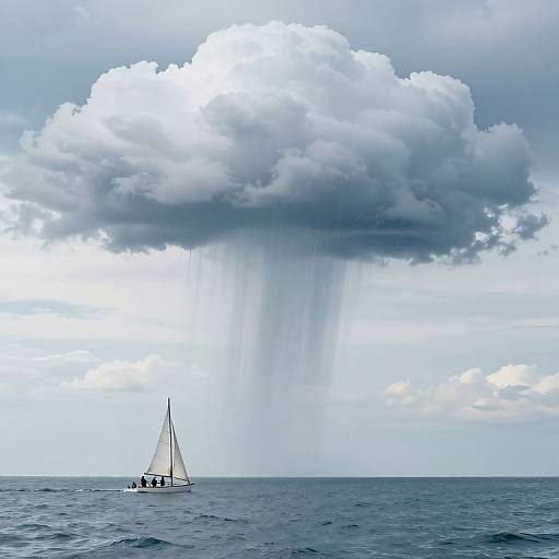 Photograph of a small white sailboat on a dark blue ocean, beneath a towering, rain-filled cumulus cloud with visible raindrops.