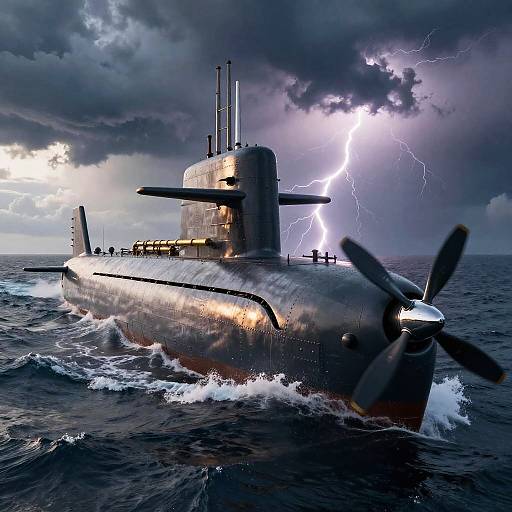 Submarine in Stormy Ocean with Lightning