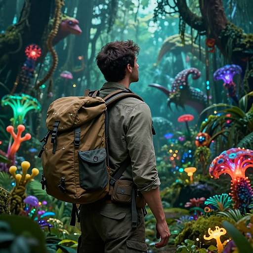 Photograph-style digital art: A man with curly brown hair, wearing a beige shirt and tan backpack, stands in a vibrant, bioluminescent