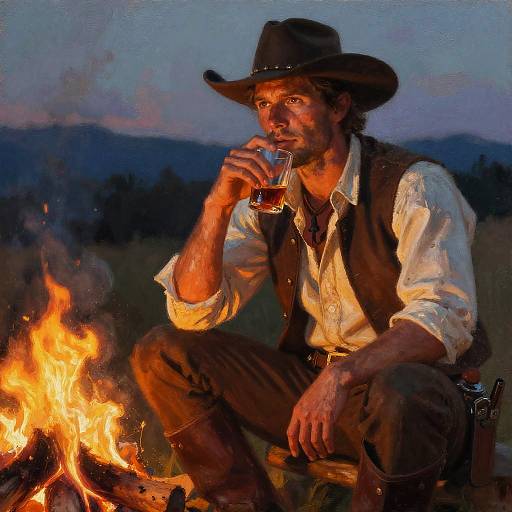 Photorealistic painting of a rugged, bearded man in cowboy attire, sipping whiskey by a campfire at dusk, mountains in background.