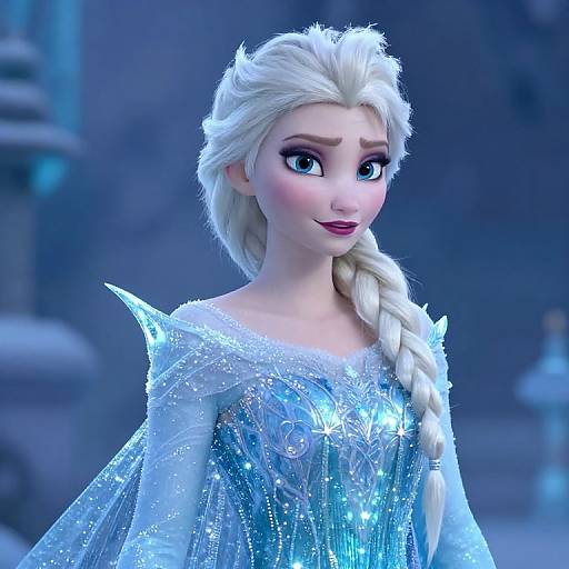 Digital CGI of Elsa from Frozen, with long white braid, blue eyes, sparkling icy blue dress, and soft smile, against a blurred blue background