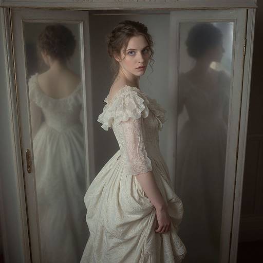 Photograph of a young woman with fair skin and blue eyes, wearing a white, lace, off-shoulder, Victorian-style dress, standing in
