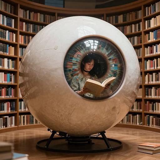 Photograph of a woman with dark hair reading in a metallic, spherical, bubble chair with a colorful circular window, set in a book-filled library.