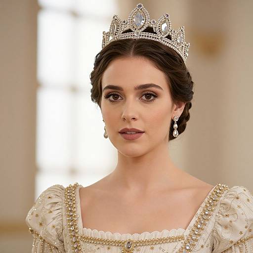 Photograph of a fair-skinned woman with dark brown hair in an elegant updo, wearing a sparkling tiara, ornate white gown, and