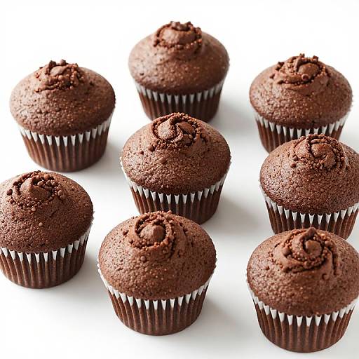 Photograph of seven rich, dark chocolate cupcakes with textured tops, each in a brown paper cupcake liner, arranged on a white background.