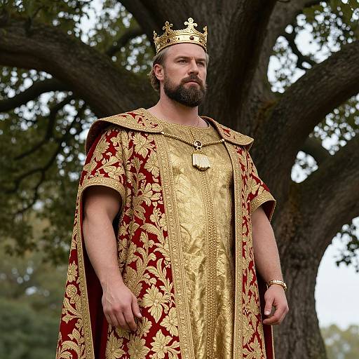 Bearded man in ornate gold and red medieval king's robe and crown, standing before large tree, photograph. Regal and serious expression.