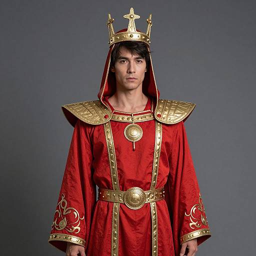 Photograph of a serious-looking man with dark hair wearing a golden crown, red regal robe with gold accents, and intricate shoulder armor, set against