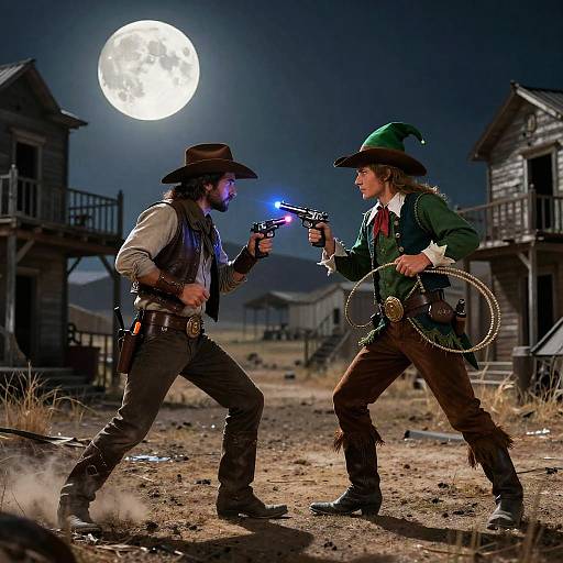 Photograph of two Western cowboys in a moonlit showdown, both pointing glowing blue guns at each other in an abandoned town.
