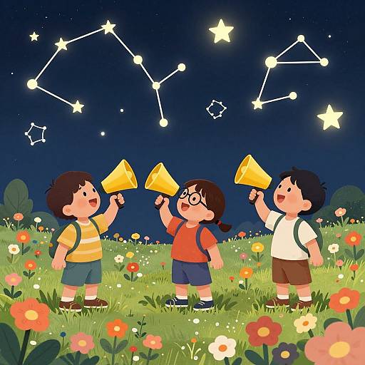 Cartoon illustration of three children with glasses, holding yellow triangles, gazing at a starry night sky with constellation patterns. They stand in a colorful