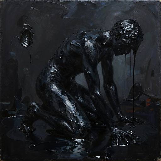 Dark, abstract oil painting of a shadowy, humanoid figure crouching, with dripping paint and a haunting, mysterious blue-black color palette.