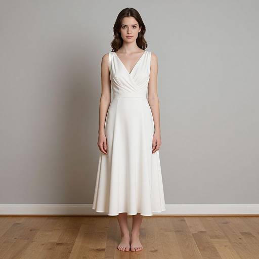 Photograph of a slender woman with fair skin and dark hair, wearing a sleeveless, V-neck, white, knee-length dress, standing barefoot