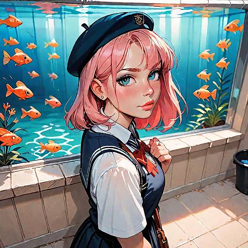 Digital anime-style drawing of a pink-haired girl in a sailor uniform, looking over her shoulder, with orange fish in a blue-tiled aquarium background.