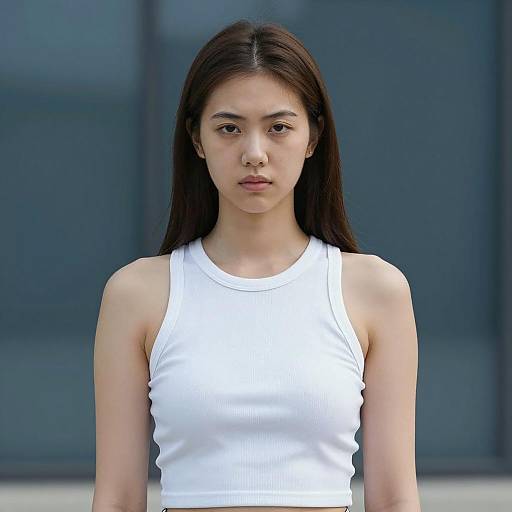 Serious Young Woman in White Sleeveless Top