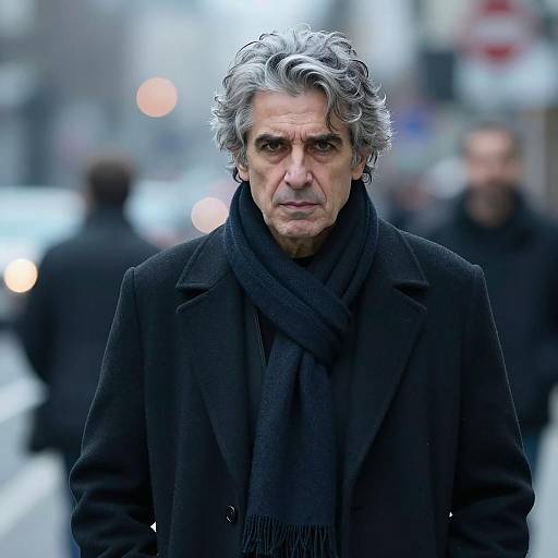 Middle-aged Man in Black Coat and Scarf in Urban Setting