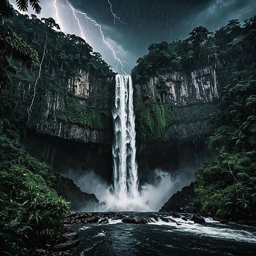 Roaring Waterfall with Lightning in Dense Jungle
