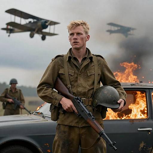 Blonde Soldier in Intense Battlefield Scene