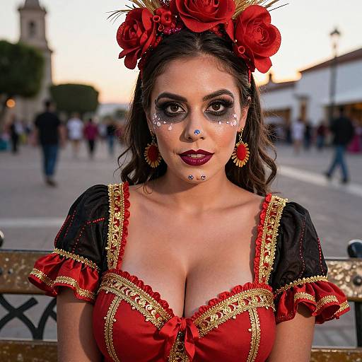 Photograph of a woman in a Day of the Dead costume with red roses, black lace, and gold trim, featuring heavy makeup and piercings