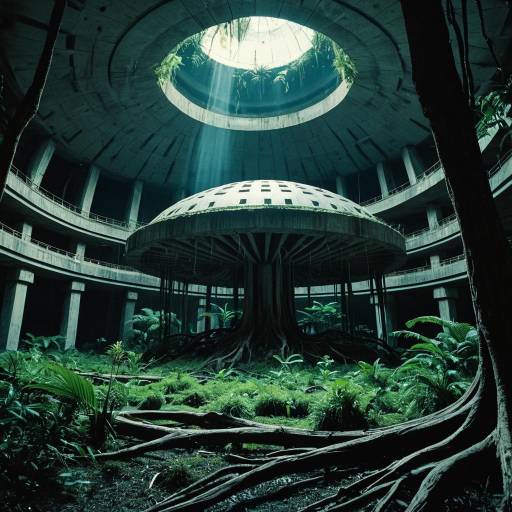 Brutalist Dome Under Bioluminescent Swamp