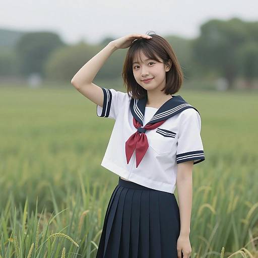 Smiling Asian Girl in Sailor Uniform