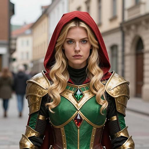 Female Fantasy Warrior in Red Hood and Green Armor