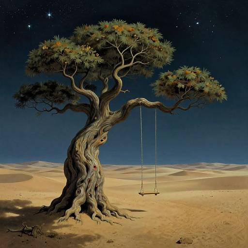 Surreal Ancient Tree in Desert Night