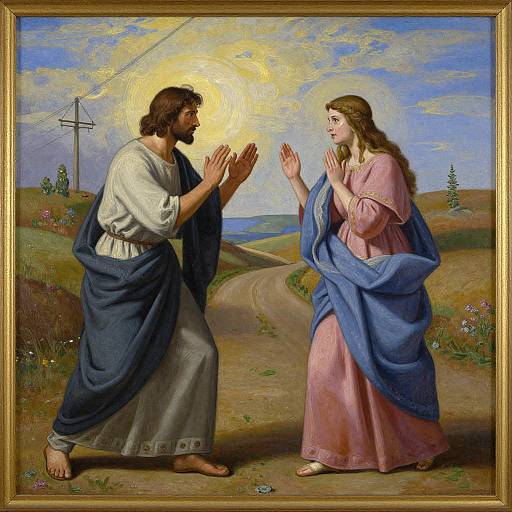 Painting of Jesus with long brown hair and beard, in white and blue robes, praying with hands raised, facing a woman in pink and blue robes