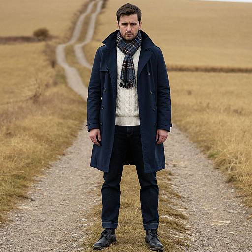 Photograph of a serious, bearded man in a black coat, white sweater, and scarf standing on a gravel path in a yellowish, grass