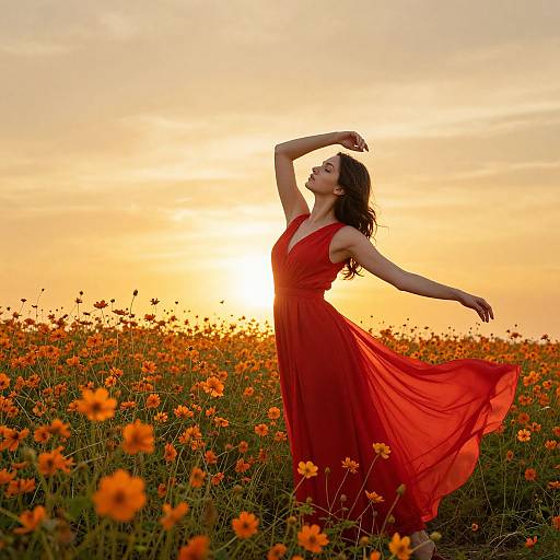 Photograph of a woman in a flowing red dress, dancing in a sunlit field of orange flowers at sunset.