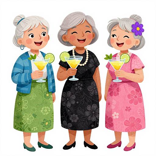 Cartoon-style illustration of three elderly women with gray hair, smiling, wearing floral dresses and holding cocktails with lemon slices.