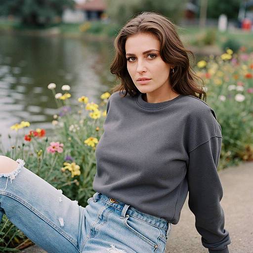 Photograph of a brown-haired woman in a gray sweatshirt and ripped jeans, sitting by a flower-lined pond, with a calm, blurred background.