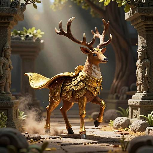 Digital fantasy artwork of a golden, antlered deer in ornate armor, walking through a sunlit, ancient forest temple with stone pillars and lush