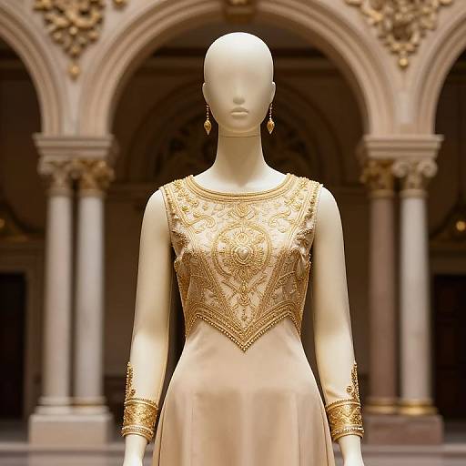 Mannequin in Ornate Beige and Gold Attire
