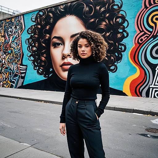 Woman with Curly Hair in Front of Street Art Mural