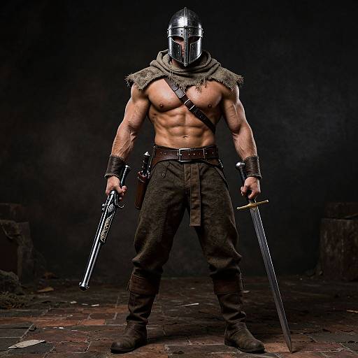Photograph of a muscular, shirtless warrior in medieval armor, holding a gun in one hand and a sword in the other, standing on a dark