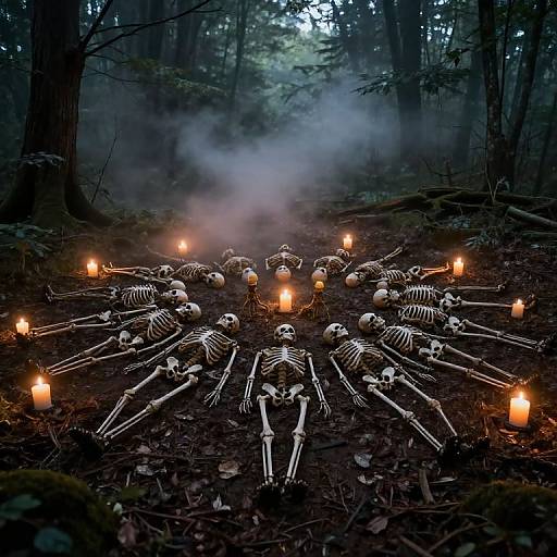 Photograph of numerous skeletal figures arranged in a circle, surrounded by lit candles, in a misty, dark forest.