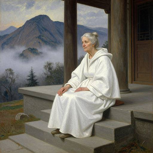 Elderly woman with white hair and white robe sits on stone steps, gazing at mist-covered mountain landscape and wooden structure.
