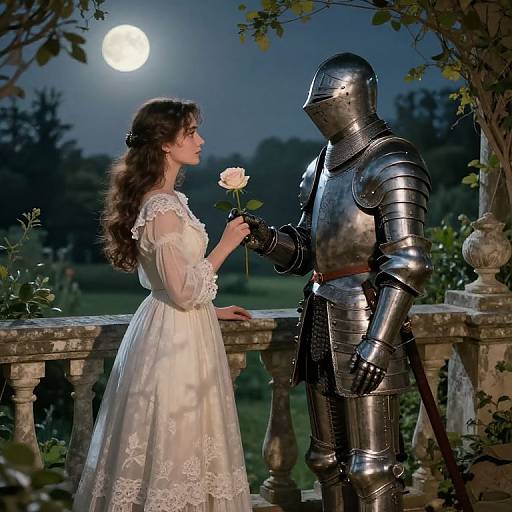 Photograph of a moonlit scene: a woman in a white lace dress offers a rose to a silver-armored knight standing on a stone balcony.