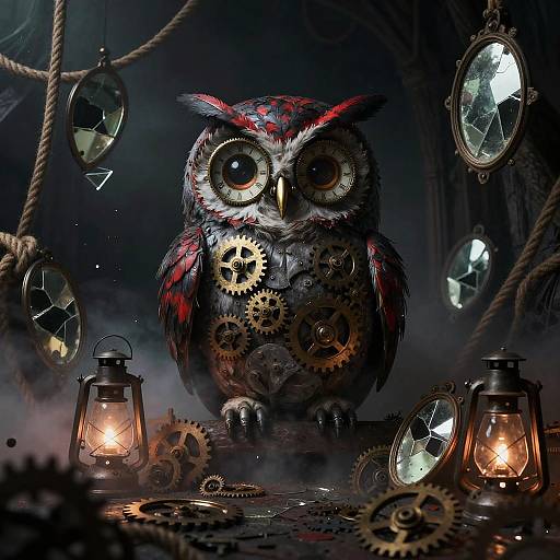 Steampunk Owl Puppeteer in Gothic Attic