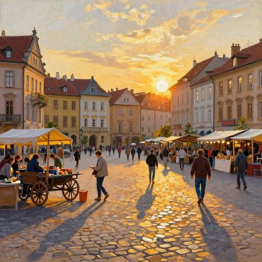 Photograph of a bustling European town square at sunset, with colorful buildings, street vendors, cobblestone pavement, and people walking. Warm orange sky