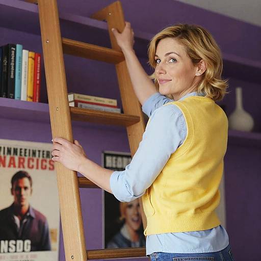 Blonde Woman Climbing Ladder in Mid-Century Room