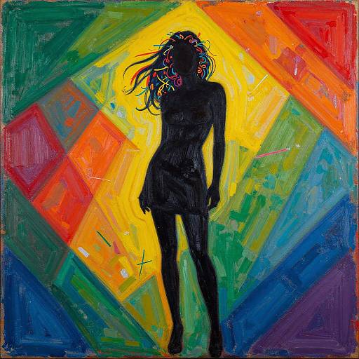 Vibrant abstract painting of a silhouetted woman with colorful, curly hair against a dynamic, multicolored geometric background. Bold, expressive