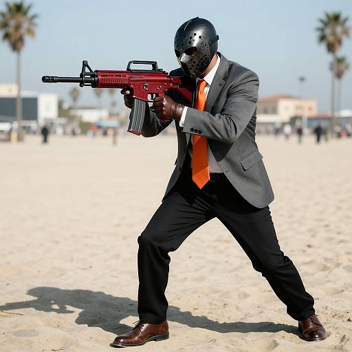 Photograph of a man in a gray suit, orange tie, and black helmet, aiming a red assault rifle on a sunny beach with palm trees in