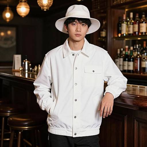Young Asian man in white hat and jacket, standing in dimly-lit bar with liquor bottles and bar stools in background.