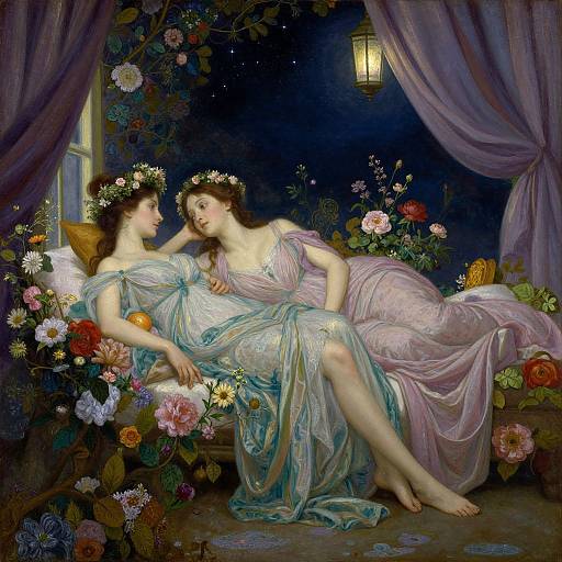 Dreamlike Ethereal Women in Floral Bed