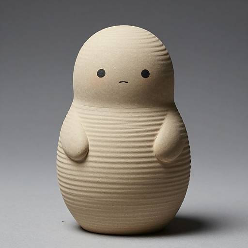 Photograph of a small, beige, cylindrical ceramic creature with simple black dots for eyes and a subtle smile, textured with horizontal ridges, standing against