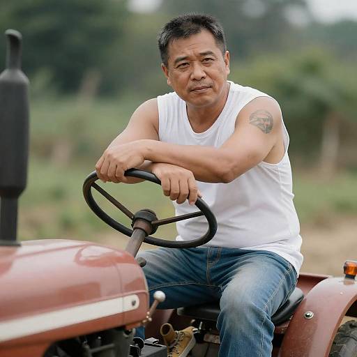 Middle-Aged Man on Old Tractor