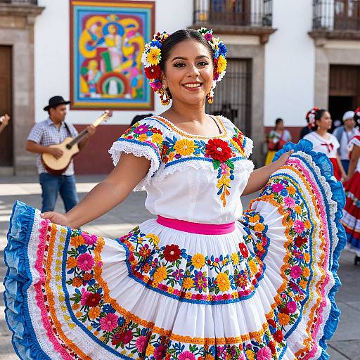 Photograph of a smiling Latina woman in a vibrant, floral embroidered traditional Mexican dress, standing in a sunlit plaza with musicians and colorful mural in the